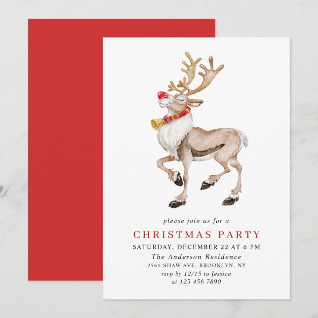 Cute Christmas Cartoon Reindeer Holiday Party Invitation (Front/Back)