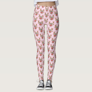 Cute Christmas Cartoon Reindeer Pattern Girly Pink Leggings