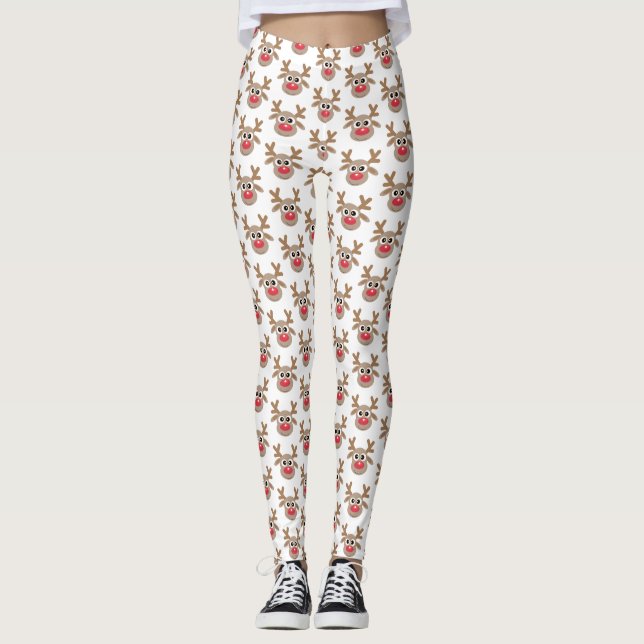 Cute Christmas Cartoon Reindeer Pattern Leggings (Front)