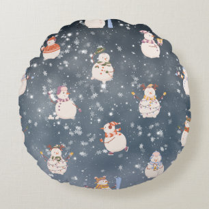 Cute Christmas Cartoon Snowman  Round Cushion