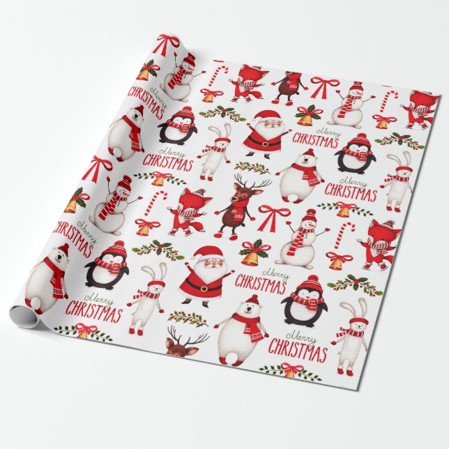 Cute Christmas Cartoons Pattern Wrapping Paper (Unrolled)