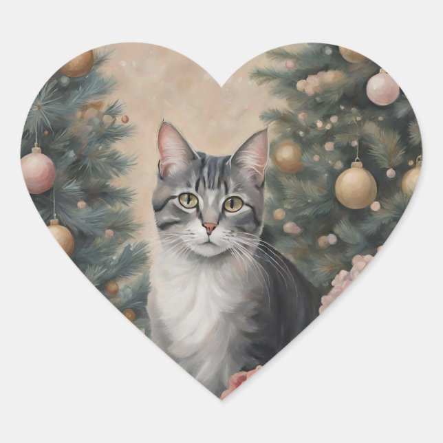 Cute Christmas Cat Amid Flowers and Trees Heart Sticker (Front)