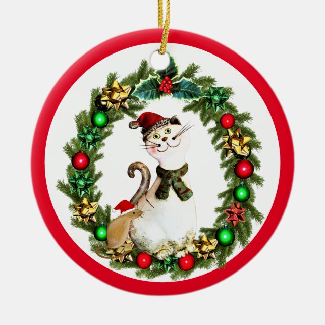 Cute Christmas Cat and Mouse Ceramic Tree Decoration (Front)
