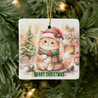 Cute Christmas Cat Ceramic Ornament
