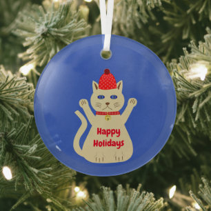 Cute Christmas Cat Custom Glass Tree Decoration
