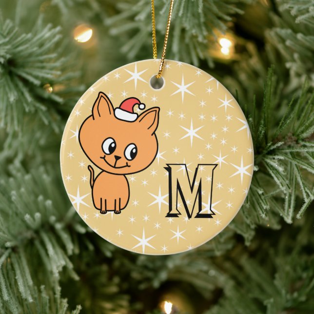Cute Christmas Cat, Custom Monogram and Back Photo Ceramic Tree Decoration (Tree)