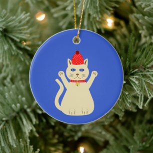 Cute Christmas Cat Custom Name Ceramic Tree Decoration