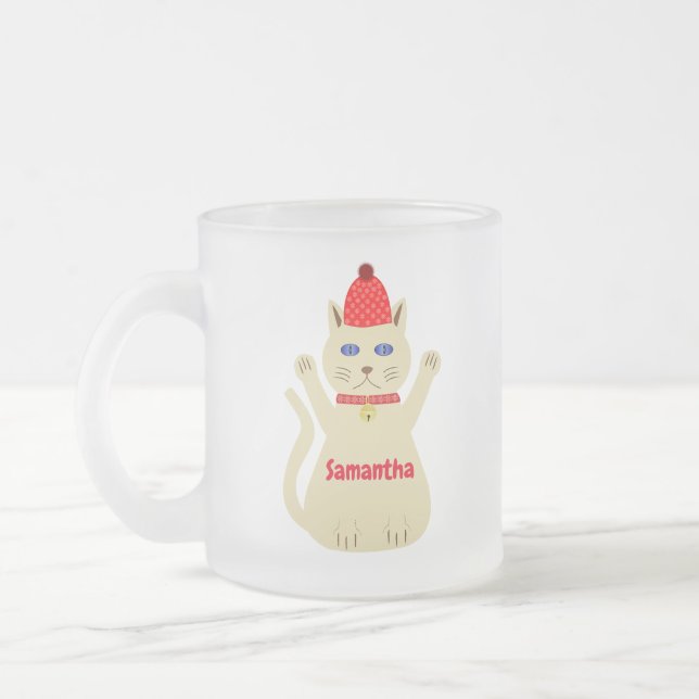 Cute Christmas Cat Custom Name Frosted Glass Coffee Mug (Left)