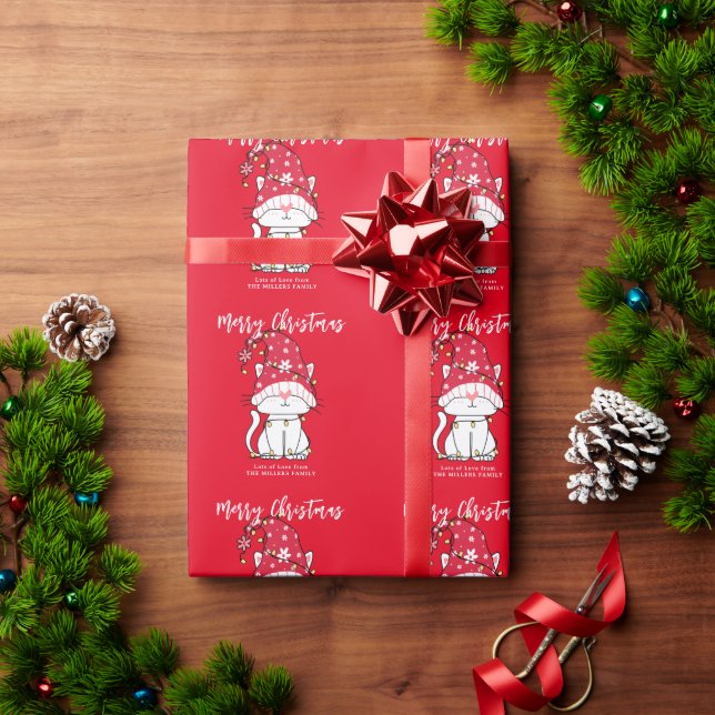 Cute Christmas Cat Custom Name Red Wrapping Paper (Holiday Gift)
