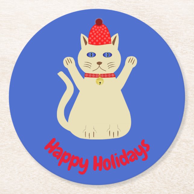 Cute Christmas Cat Custom Round Paper Coaster (Front)
