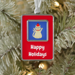 Cute Christmas Cat Custom Silver Plated Framed Ornament