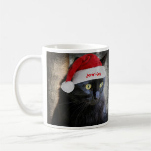 Cute Christmas Cat, Customised w Name on Santa Hat Coffee Mug