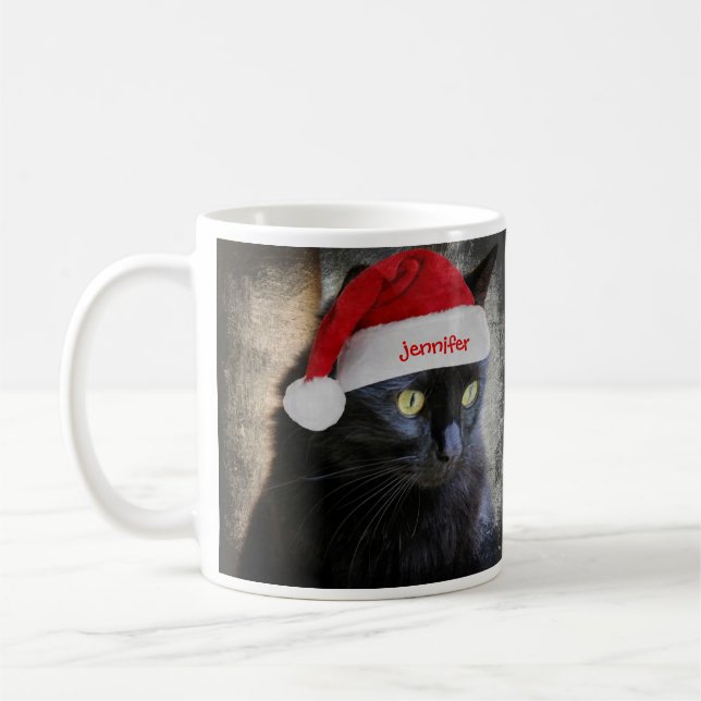 Cute Christmas Cat, Customised w Name on Santa Hat Coffee Mug (Left)