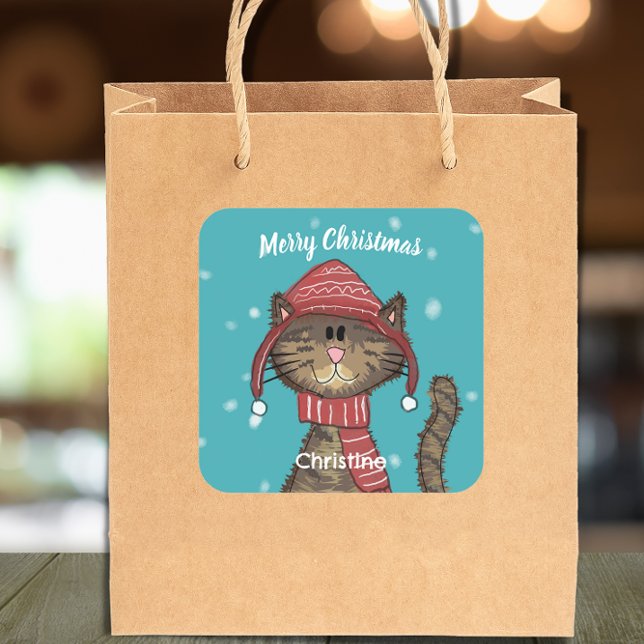 Cute Christmas Cat Holiday Personalised  Square Sticker (Creator Uploaded)