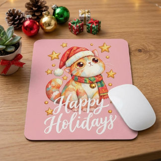 Cute Christmas Cat Illustration with Festive Charm Mouse Mat