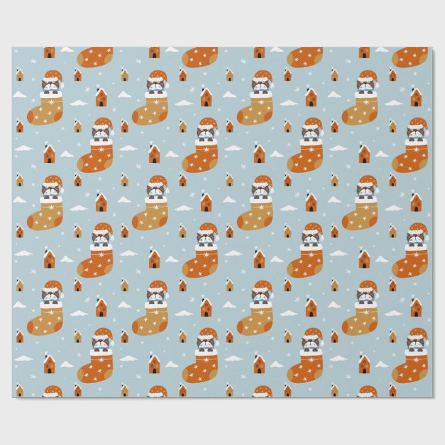 Cute Christmas Cat in a Stocking Blue Snowflake Wrapping Paper (Flat)