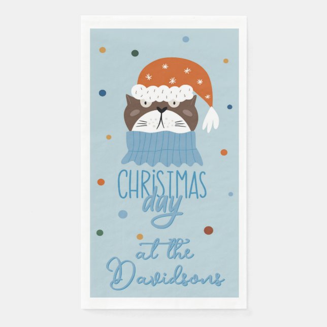 Cute Christmas Cat in Cosy Knits Blue Napkin (Front)