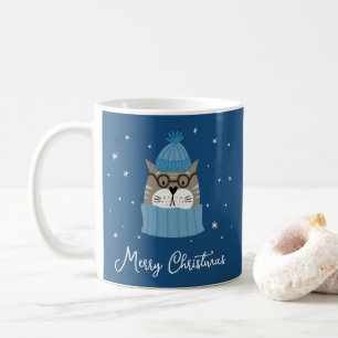 Cute Christmas Cat in Cosy Knits Snowflakes Blue Coffee Mug
