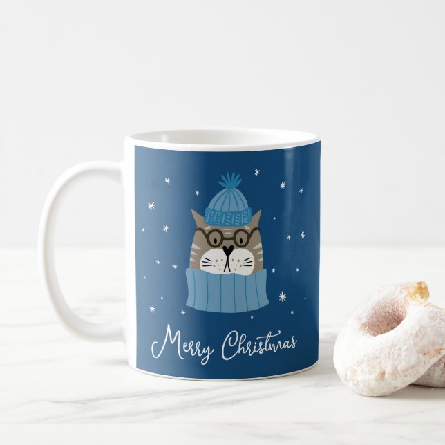 Cute Christmas Cat in Cosy Knits Snowflakes Blue Coffee Mug (With Donut)