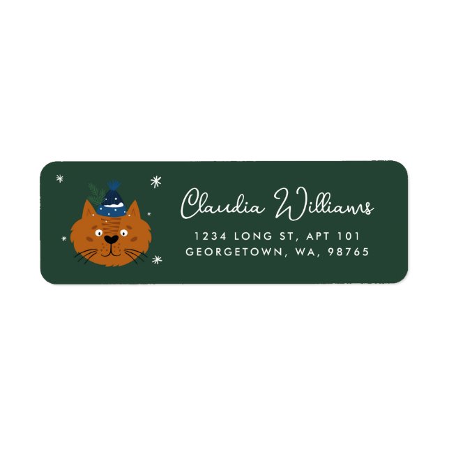 Cute Christmas Cat in Knit Hat Return Address (Front)