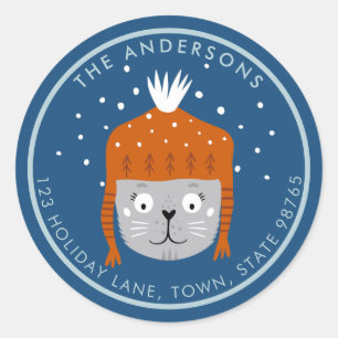 Cute Christmas Cat in Orange Hat Blue Customisable Classic Round Sticker