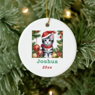 Cute Christmas Cat in Santa Hat Personalise Ceramic Tree Decoration