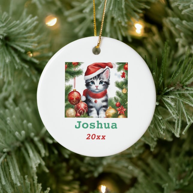 Cute Christmas Cat in Santa Hat Personalise Ceramic Tree Decoration (Tree)