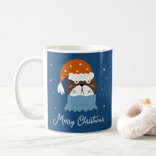 Cute Christmas Cat in Santa Hat & Snowflakes Blue Coffee Mug