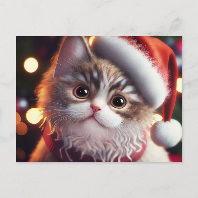 Cute Christmas Cat in Santa's Red Hat  Holiday Postcard (Front)