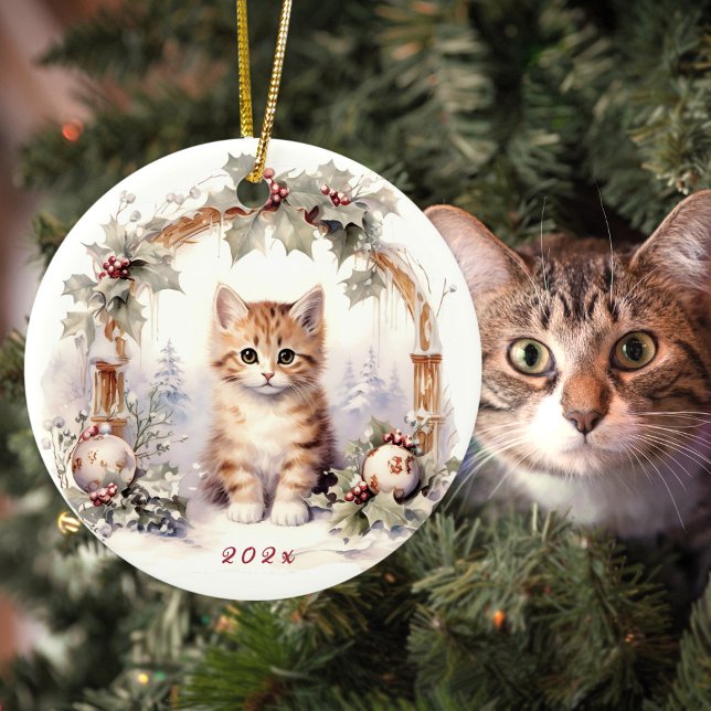 Cute Christmas cat kitten animal  Ceramic Tree Decoration (Cute tabby kitten personalized Christmas ornament for cat lovers)