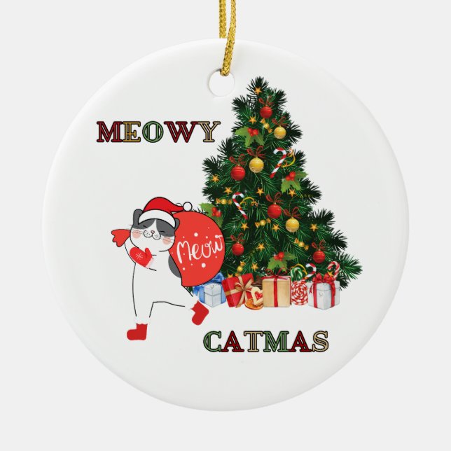 Cute Christmas Cat Meowy Catmas Ceramic Tree Decoration (Front)