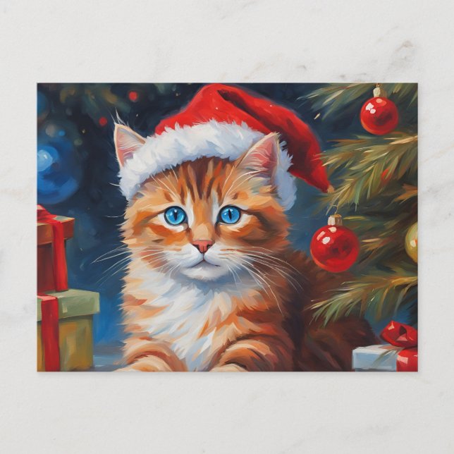 Cute Christmas Cat, Ornaments  Holiday Postcard (Front)