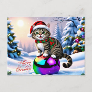 Cute Christmas Cat Outdoors  Holiday Postcard