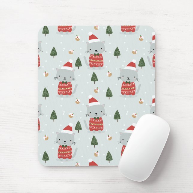 Cute Christmas Cat Pattern – Festive Holiday  Mouse Mat (With Mouse)