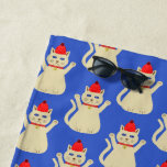 Cute Christmas Cat Patterned Beach Towel<br><div class="desc">This awesome patterned beach Towel features a digital art image of a cute Christmas Siamese Cat with beautiful blue eyes, brown claws, ears and whiskers and its front paws raised in the air. The cat is wearing a red collar with pretty white snowflakes on it and a beautiful golden bell....</div>