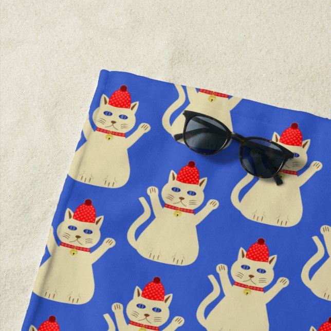Cute Christmas Cat Patterned Beach Towel (In Situ)