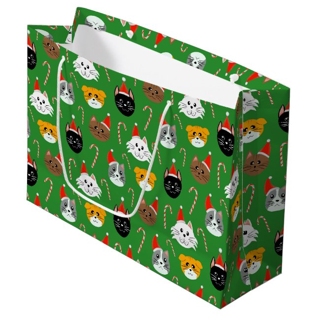 Cute Christmas Cat Patterned Large Gift Bag (Front Angled)