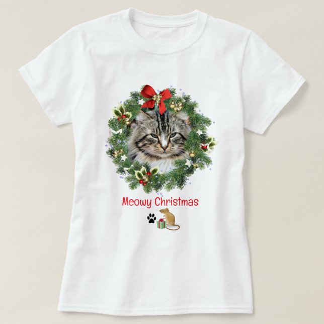 Cute Christmas Cat Photo Wreath  T-Shirt (Design Front)