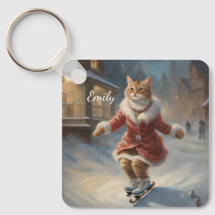 Cute Christmas Cat Skating Playfully Key Ring