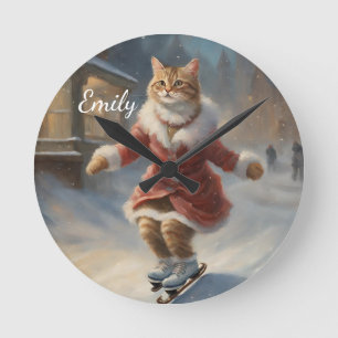 Cute Christmas Cat Skating Playfully Round Clock