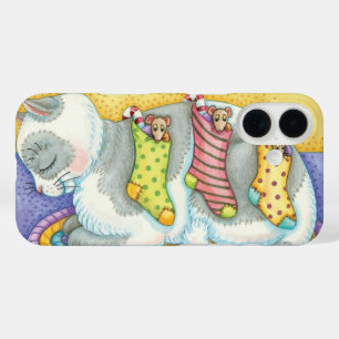 Cute Christmas Cat Sleeping with Mice in Stockings iPhone 16 Case