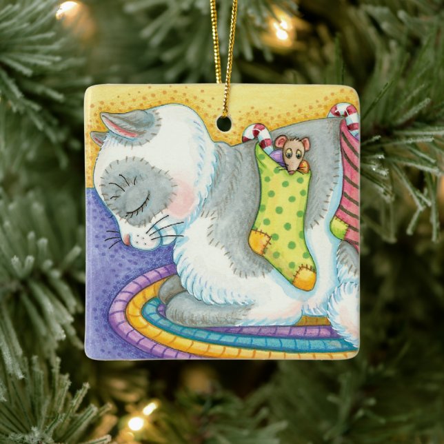 Cute Christmas Cat Sleeping with Mice in Stockings Ceramic Ornament (Tree)