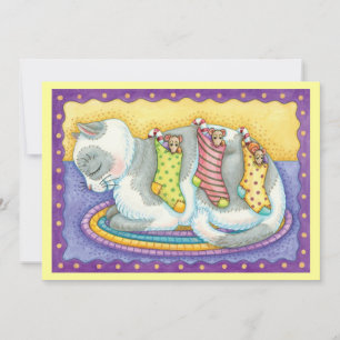 Cute Christmas Cat Sleeping with Mice in Stockings Holiday Card