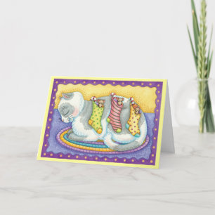 Cute Christmas Cat Sleeping with Mice in Stockings Holiday Card