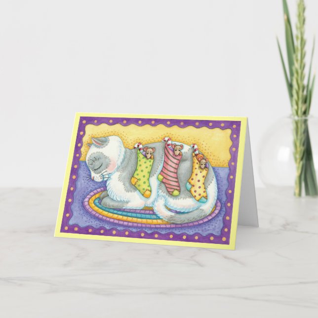 Cute Christmas Cat Sleeping with Mice in Stockings Holiday Card (Front)