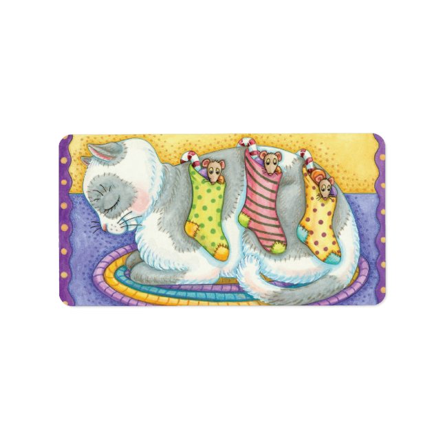 Cute Christmas Cat Sleeping with Mice in Stockings Label (Front)
