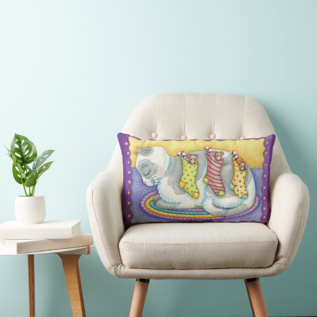 Cute Christmas Cat Sleeping with Mice in Stockings Lumbar Cushion (Chair)