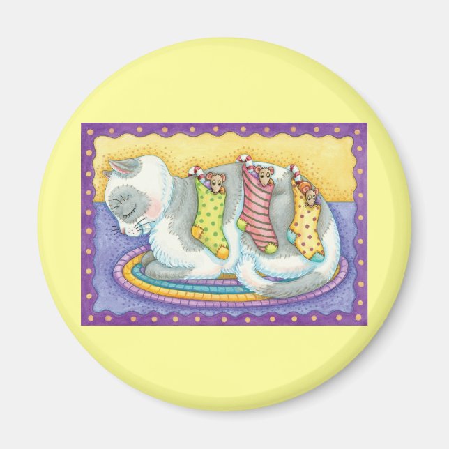 Cute Christmas Cat Sleeping with Mice in Stockings Magnet (Front)