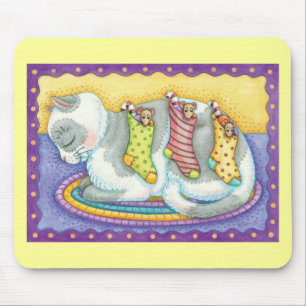 Cute Christmas Cat Sleeping with Mice in Stockings Mouse Mat