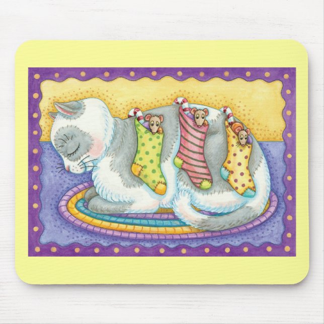 Cute Christmas Cat Sleeping with Mice in Stockings Mouse Mat (Front)